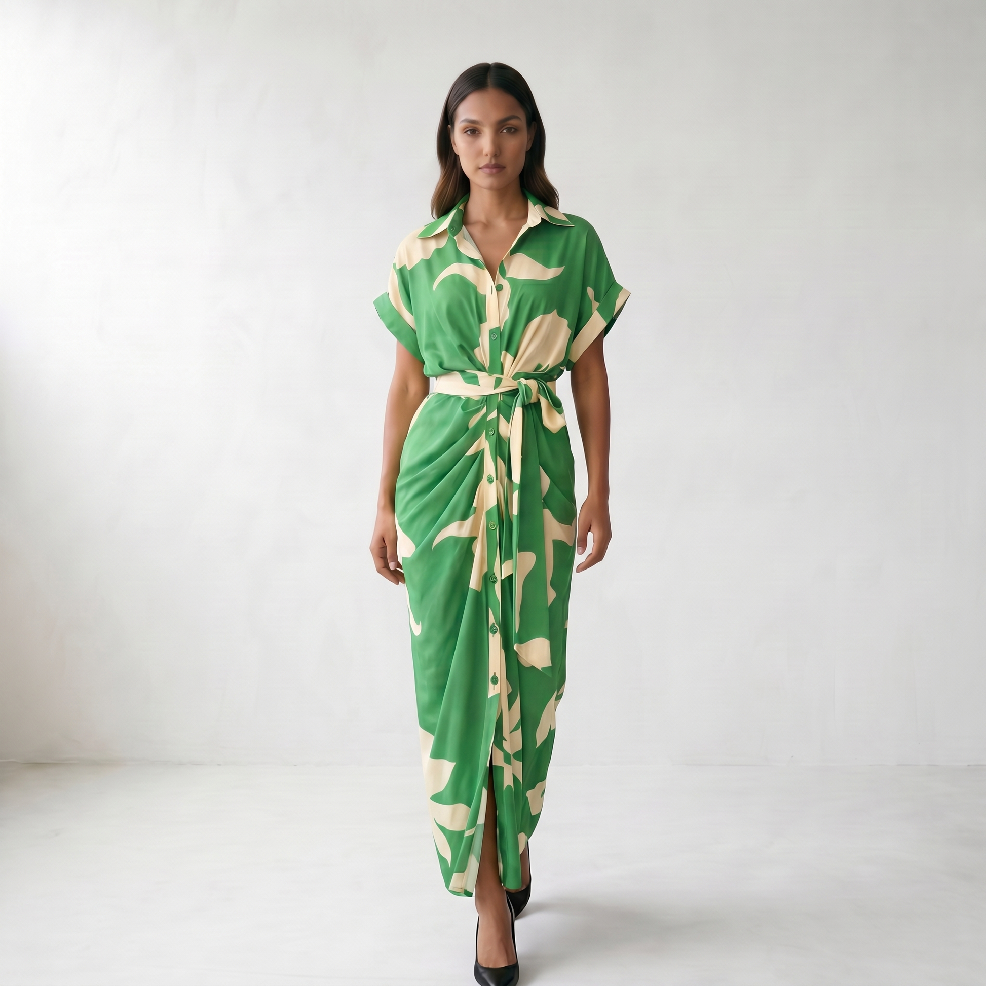 Addison Belted Abstract Maxi Shirt Dress - Green (Almost Sold Out)