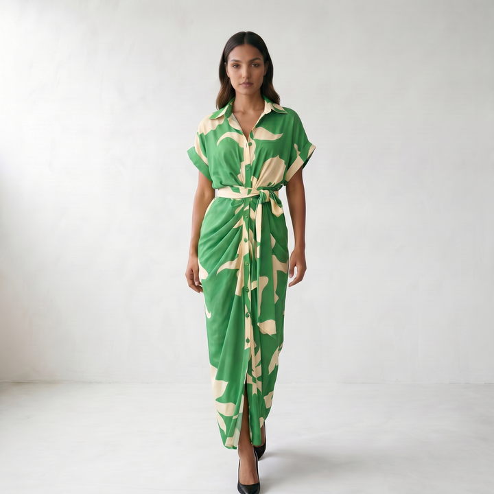Addison Belted Abstract Maxi Shirt Dress - Green (Almost Sold Out)