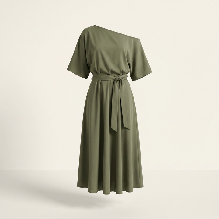 Noelle One-Shoulder A-Line Midi Dress — Green