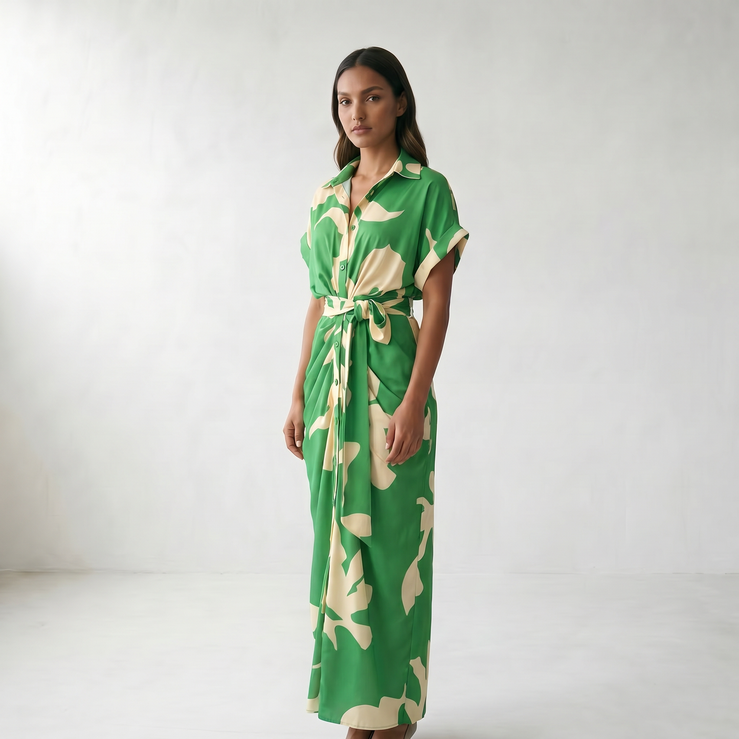 Addison Belted Abstract Maxi Shirt Dress - Green (Almost Sold Out)