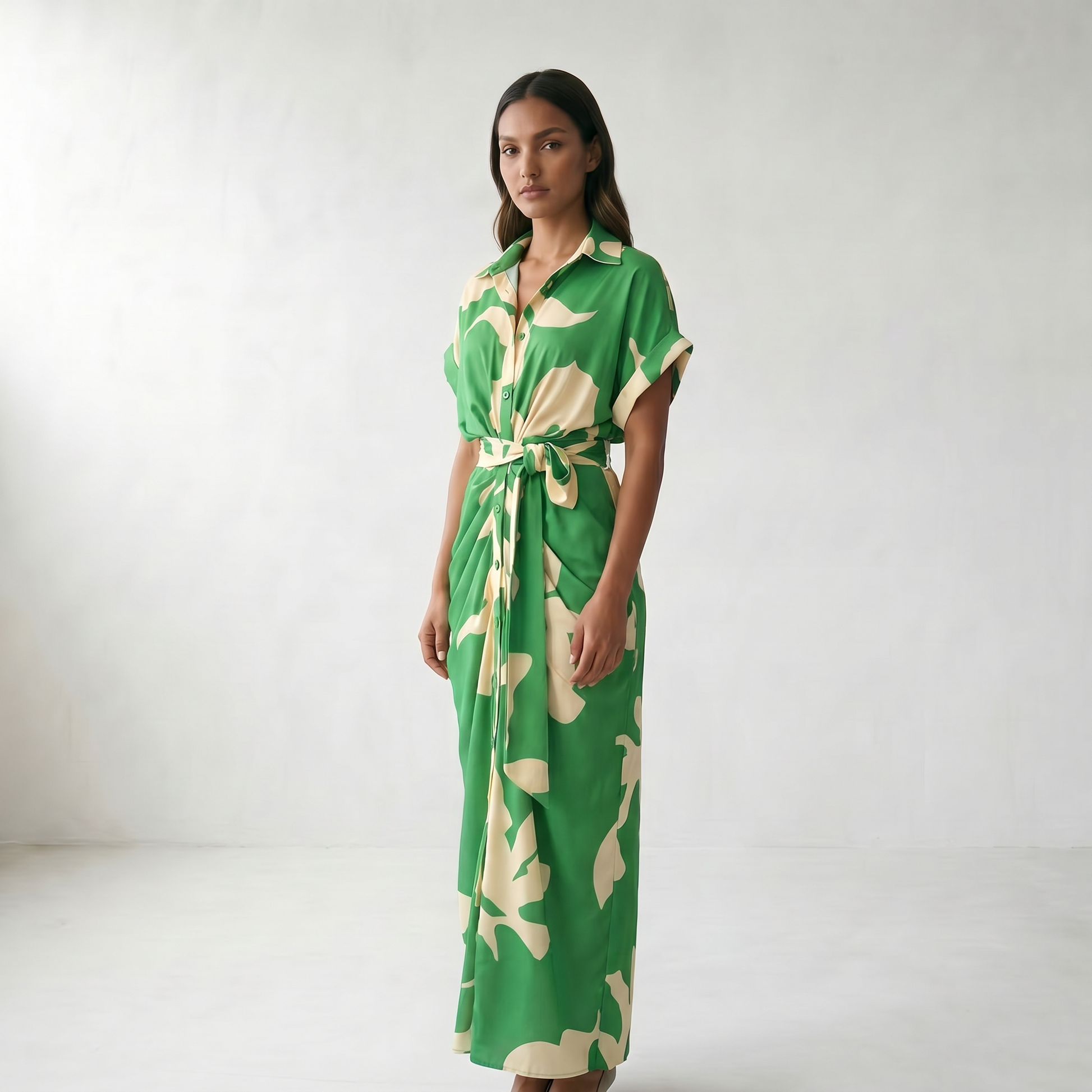 Addison Belted Abstract Maxi Shirt Dress - Green (Almost Sold Out)