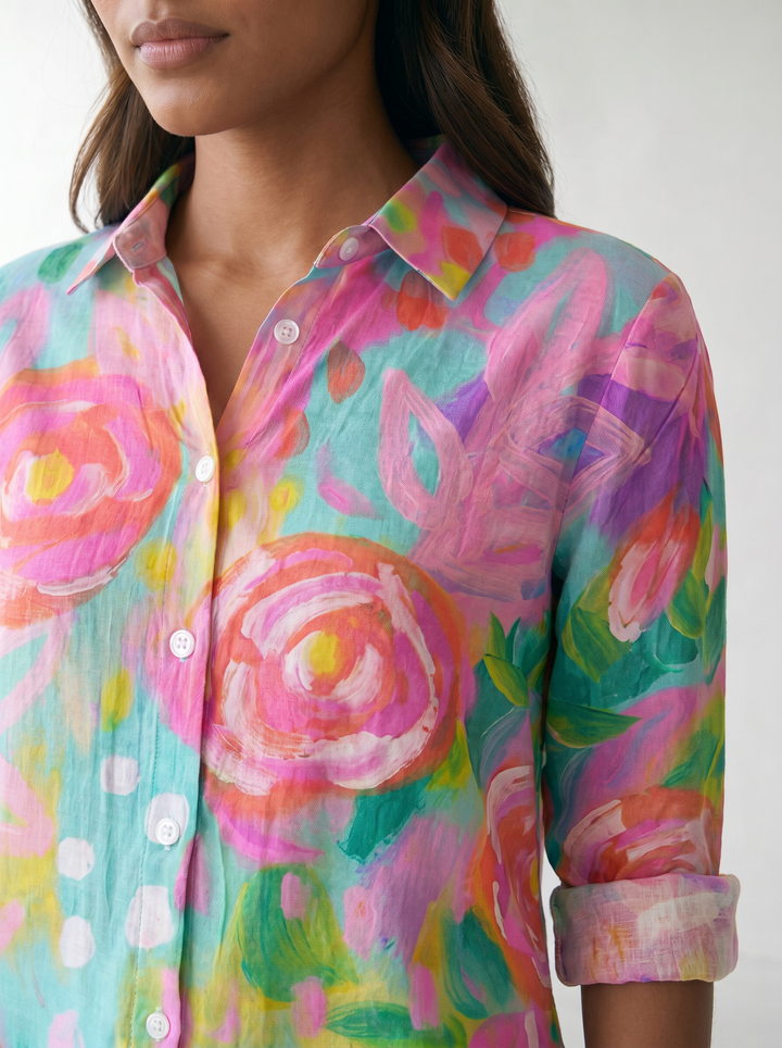 Terri Printed Button-Up Blouse - model 05_model_detail_closeup_pink
