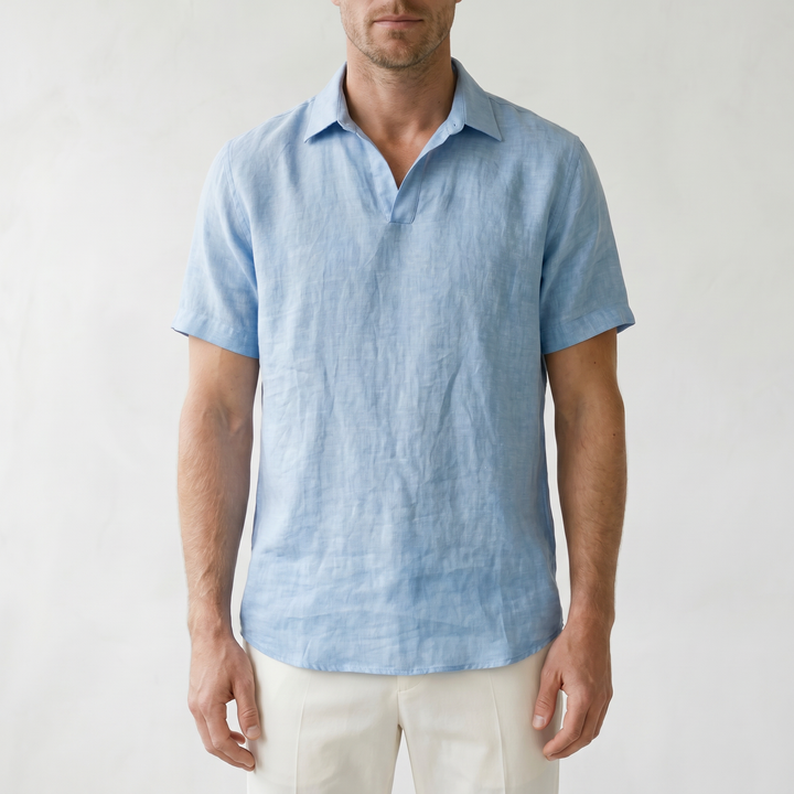 Sundrel Cedric Breathable Linen Polo Shirt - 05 model detail light-blue