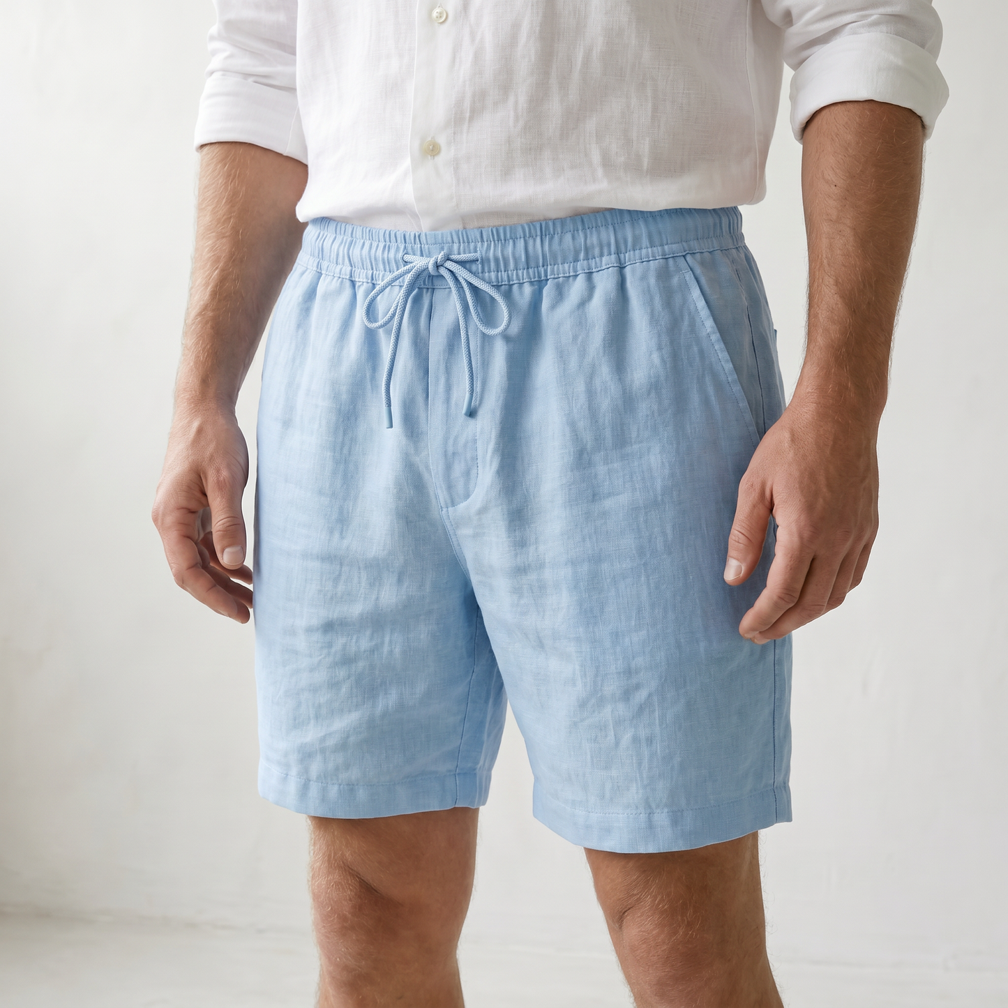 Sundrel Embry Linen Drawstring Shorts - 05 model detail light-blue