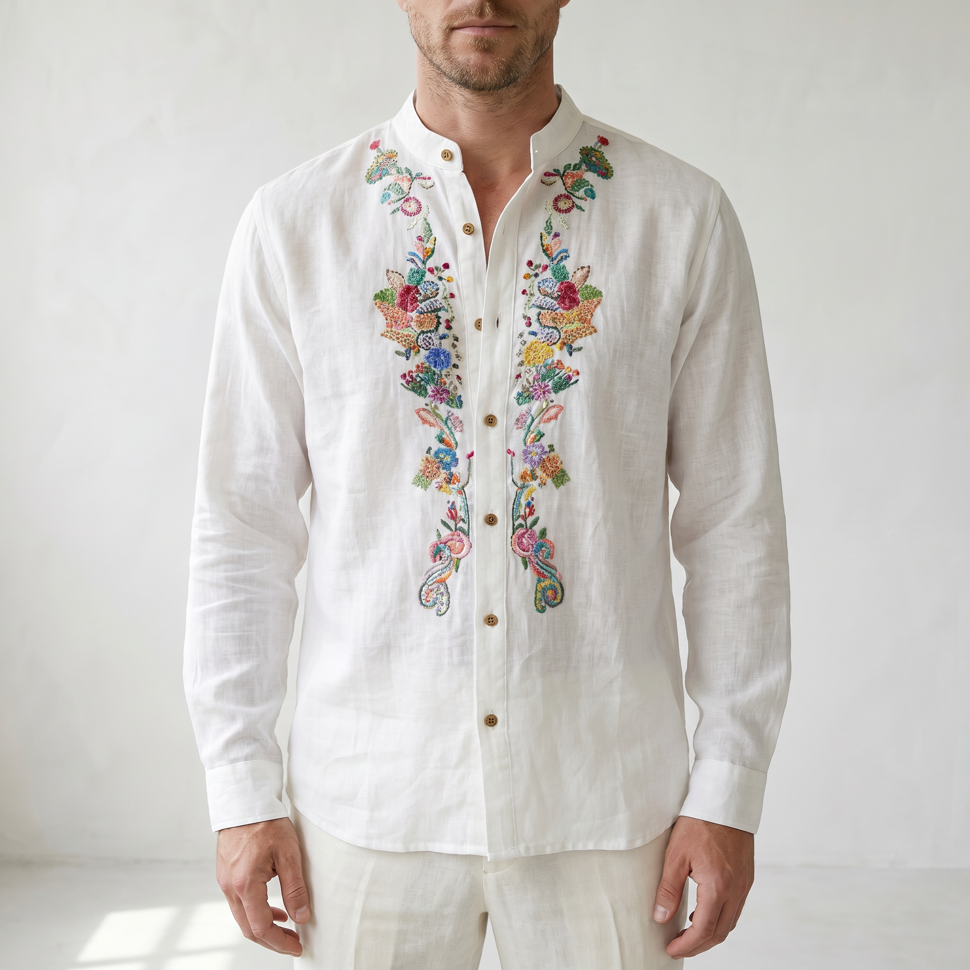 Sundrel Robert Embroidered Grandad Collar Linen Shirt - 05 model detail white