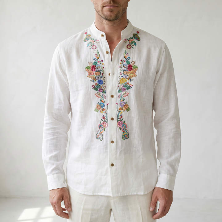 Sundrel Robert Embroidered Grandad Collar Linen Shirt - 05 model detail white