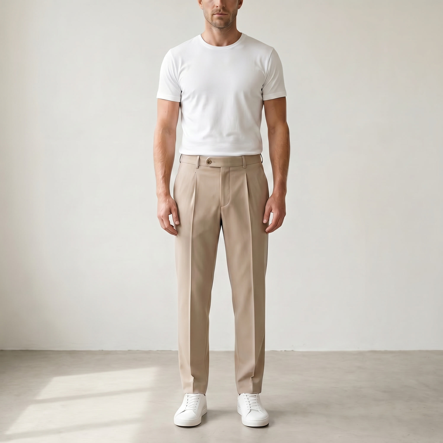 Men’s Tailored Fit Pleated Trousers - Soft pose model view - Beige