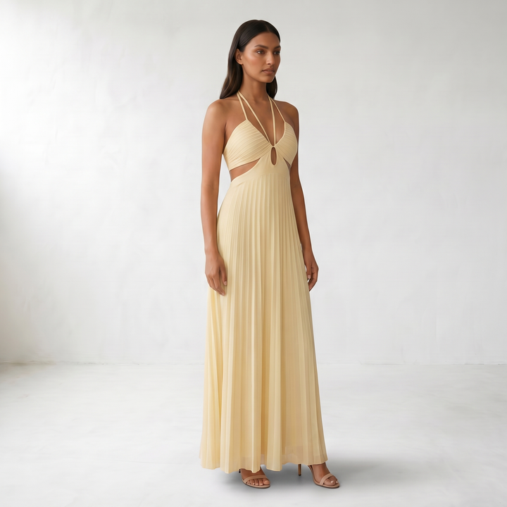 Pleated Halter Maxi Dress - Soft pose model view - Light Canary