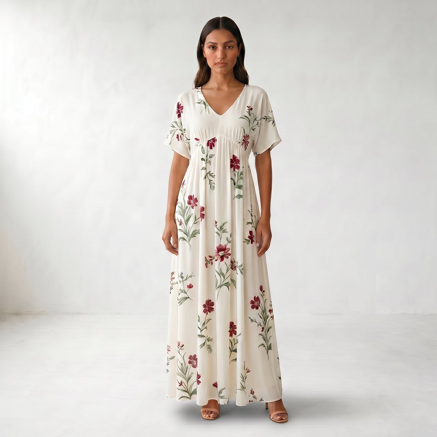 Floral V-Neck Maxi Summer Dress - Three-quarter model view - White