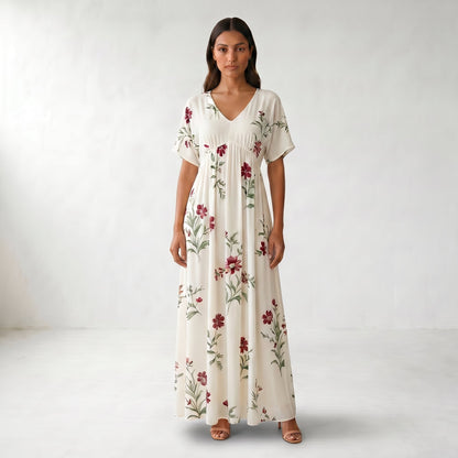 Floral V-Neck Maxi Summer Dress - Three-quarter model view - White