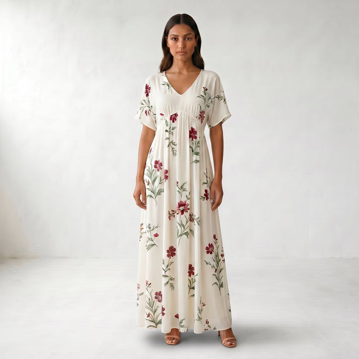 Floral V-Neck Maxi Summer Dress - Three-quarter model view - White