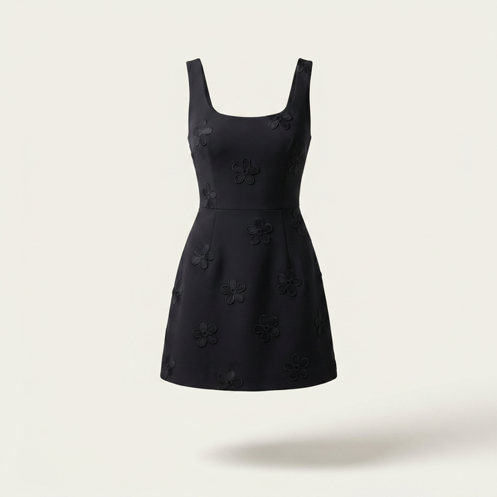 Livia Sleeveless Floral Embroidered Mini Dress — Black