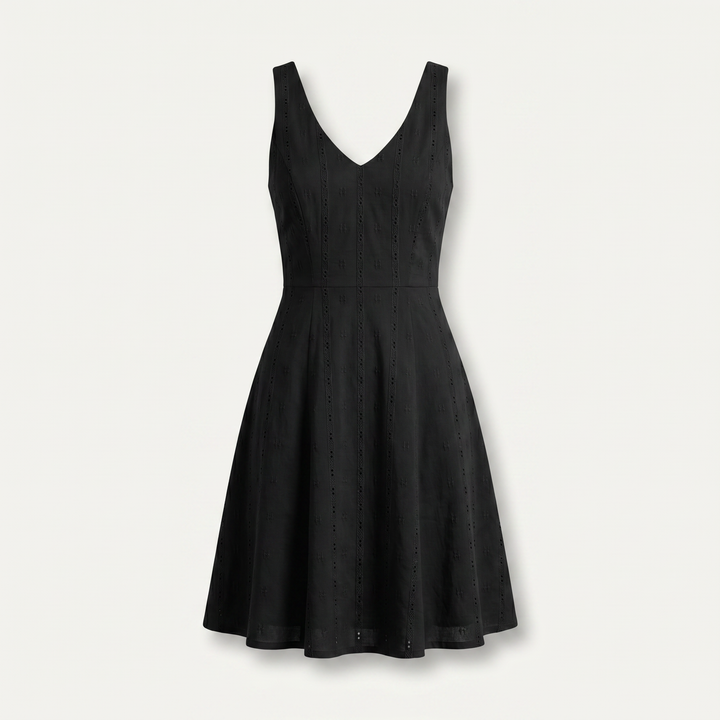 Mila Eyelet V-Neck A-Line Summer Dress — Black