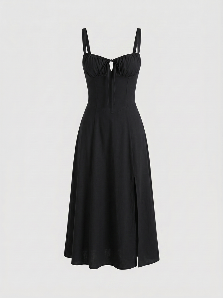 Valentina Floral Corset Slit Midi Dress — Black