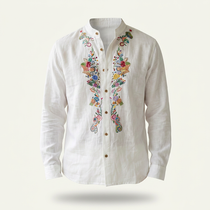 Robert Embroidered Grandad Collar Linen Shirt