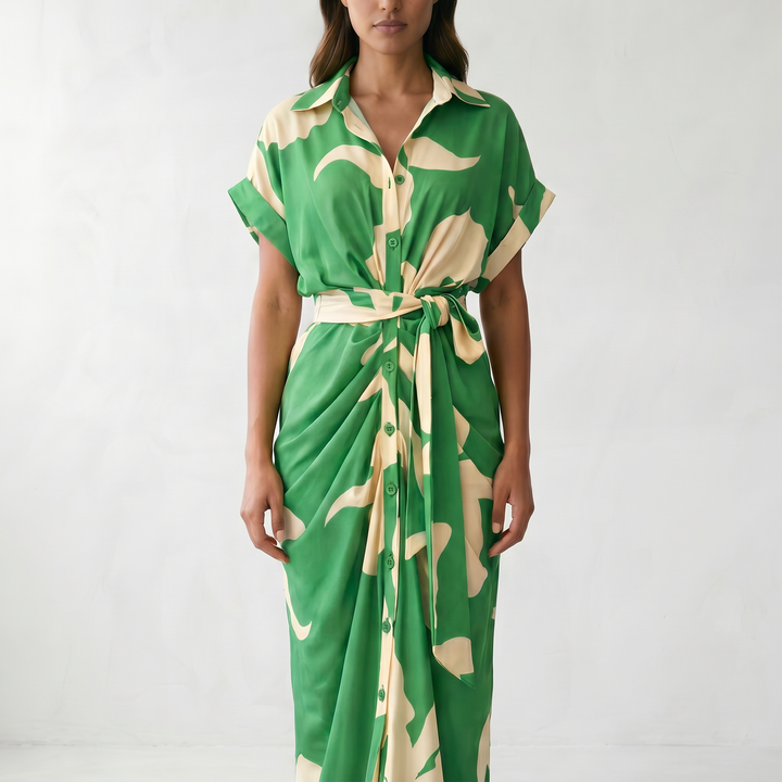Addison Belted Abstract Maxi Shirt Dress - Green (Almost Sold Out)