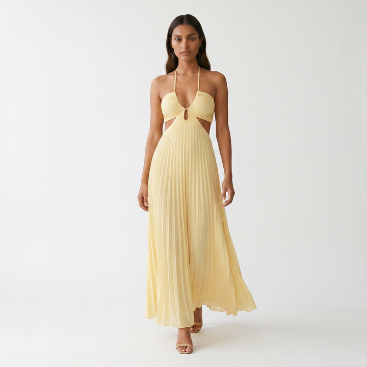Pleated Halter Maxi Dress - Subtle motion model view - Light Canary