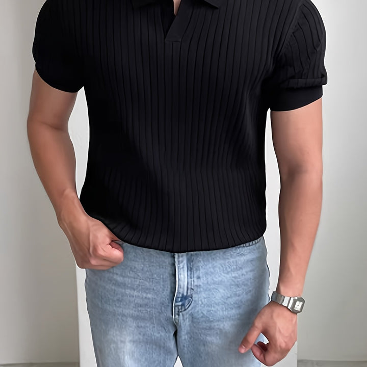 Men's Ribbed Polo Shirt with Open Collar - Relaxed Cotton Casual Polo — Black