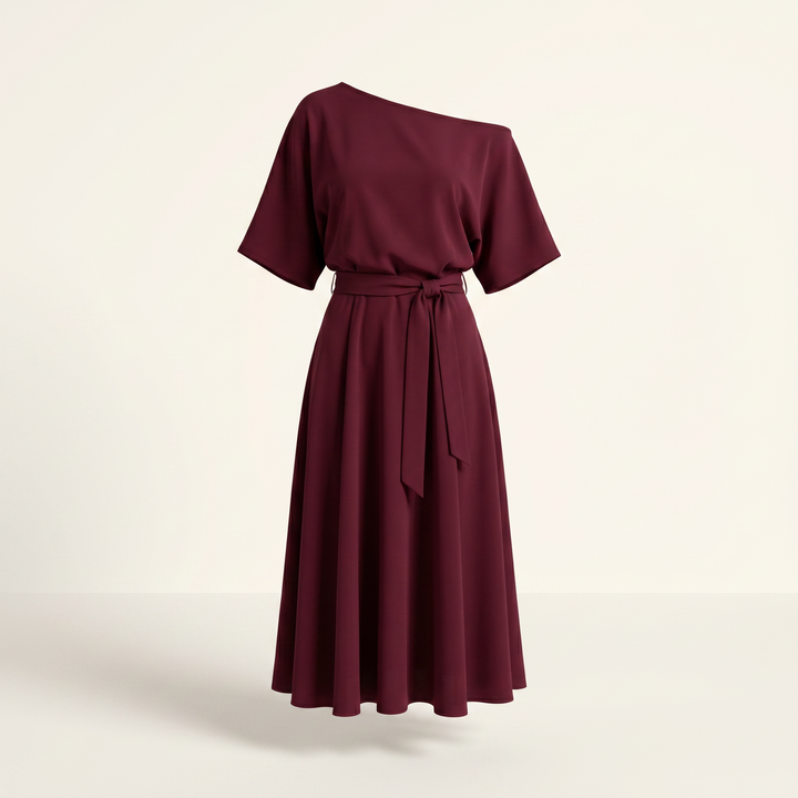 Noelle One-Shoulder A-Line Midi Dress — Dark Red