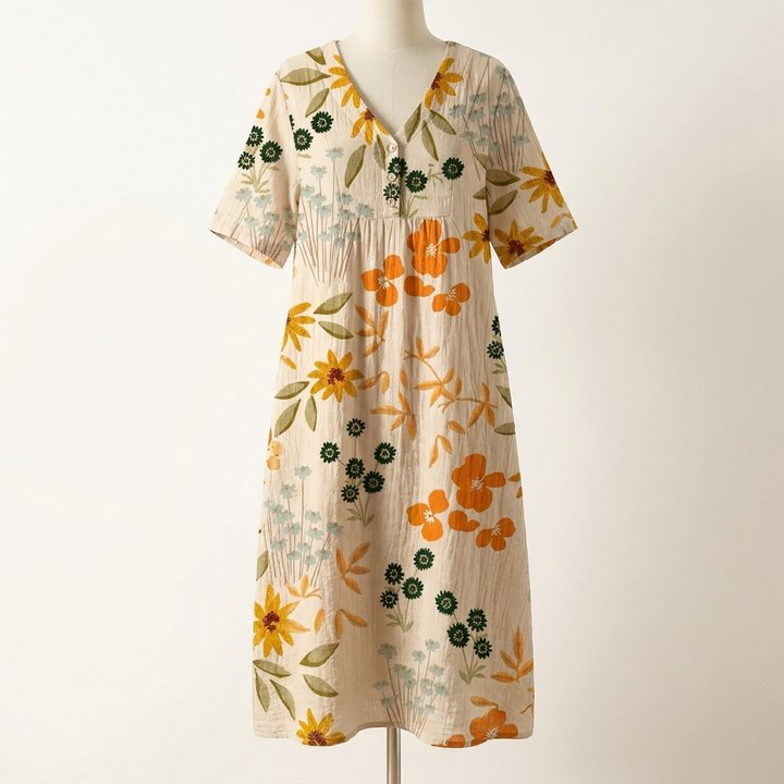Camille Floral Print V-Neck Midi Dress — Beige