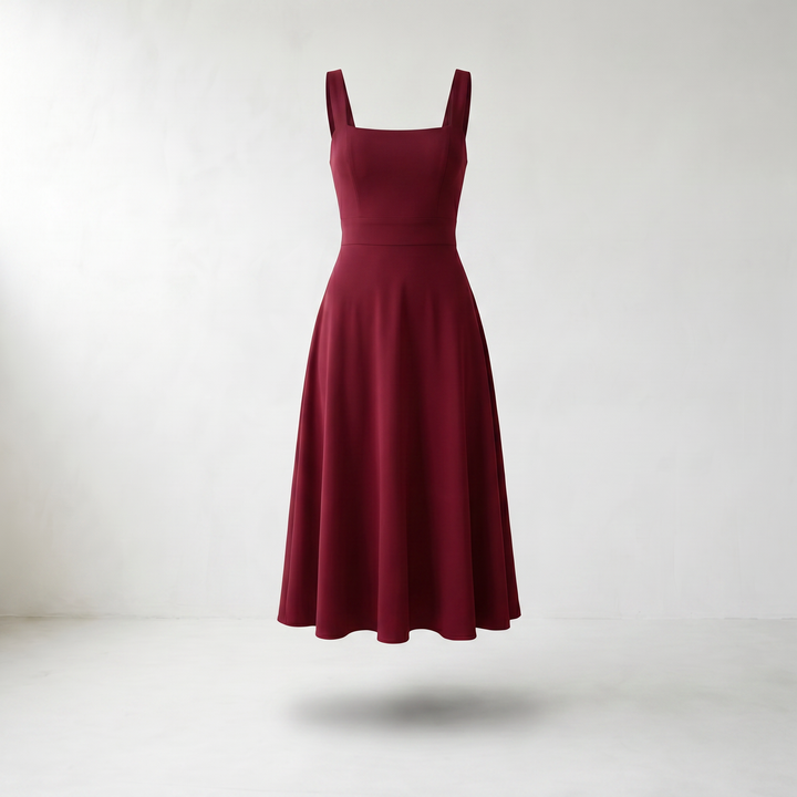 Elara Square Neck A-Line Midi Dress — Burgundy