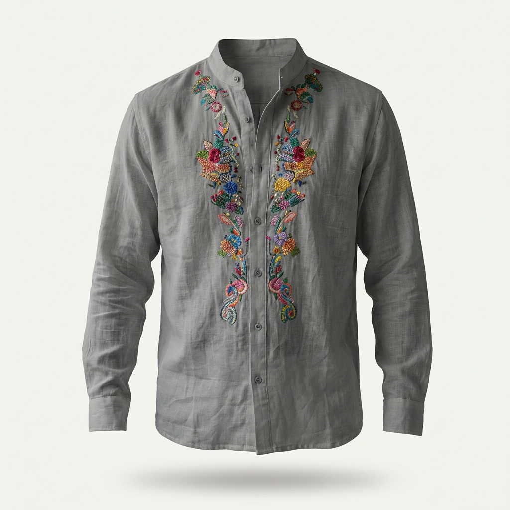 Robert Embroidered Grandad Collar Linen Shirt