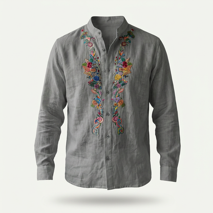 Robert Embroidered Grandad Collar Linen Shirt