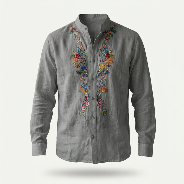 Robert Floral-Embroidered Grandad Collar Linen Shirt — Grey
