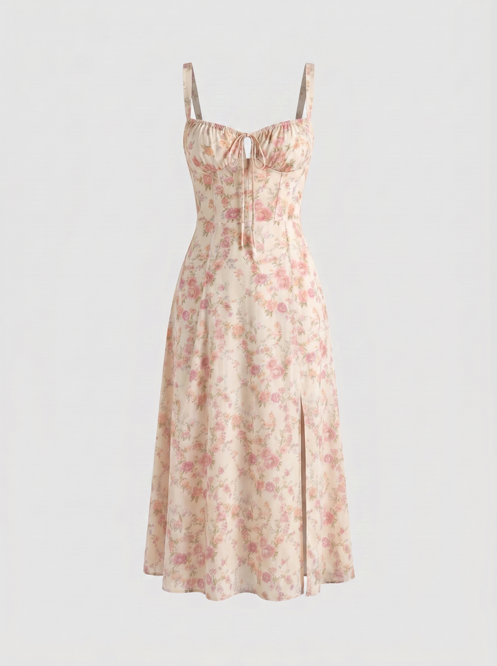 Valentina Floral Corset Slit Midi Dress — Pink