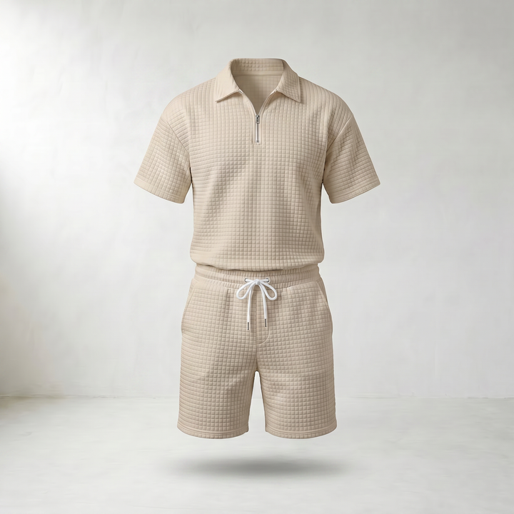 Gerald Half-Zip Polo & Shorts Two-Piece Set — Beige