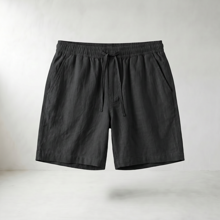Embry Light Blue Linen Drawstring Shorts — Black