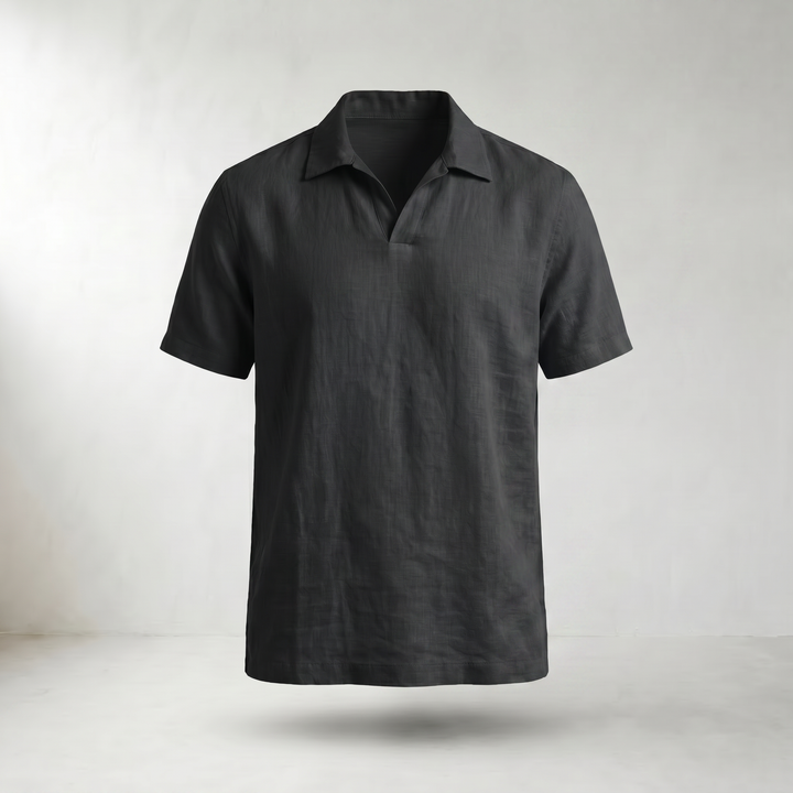 Cedric Linen Popover Polo Shirt — Black