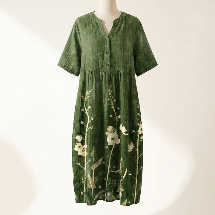 Camille Floral Print V-Neck Midi Dress — Green