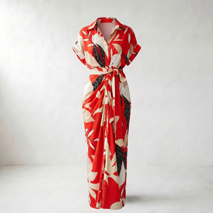 Addison Belted Abstract Print Maxi Shirt Dress — Red