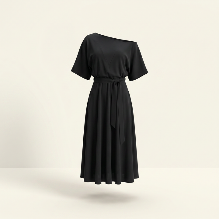 Noelle One-Shoulder A-Line Midi Dress — Black V Shaped