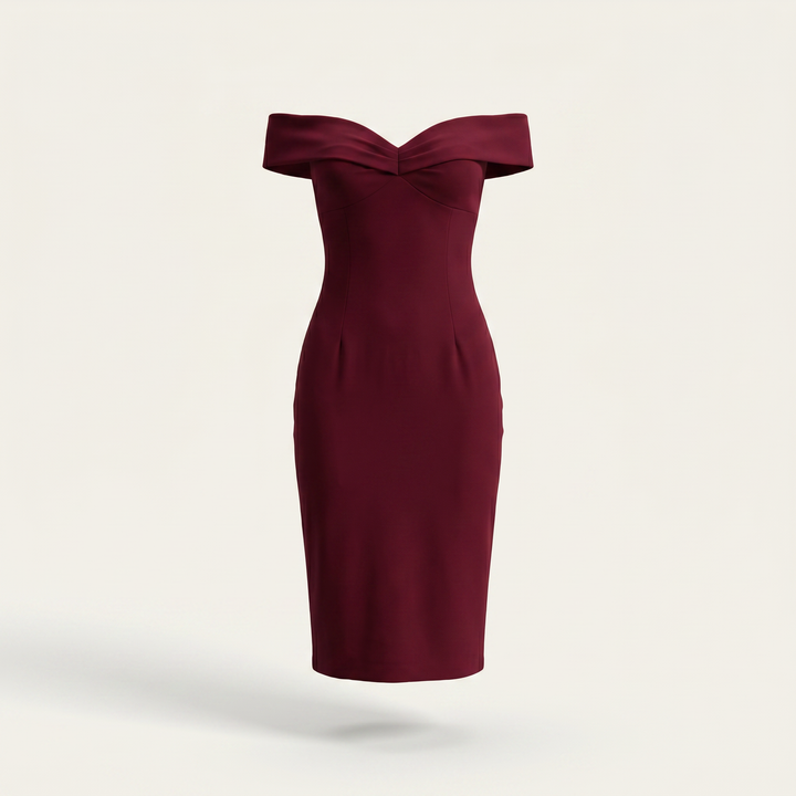 Amara Ivory Off-Shoulder Fitted Dress — Dark Red