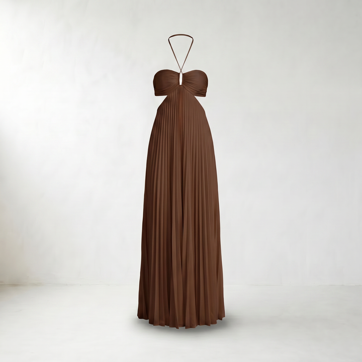 Pia Pleated Halter Maxi Dress — Dark Brown