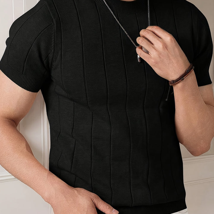 Men's Ribbed Knit Top with Short Sleeves - Casual Cotton Textured Tee — Black