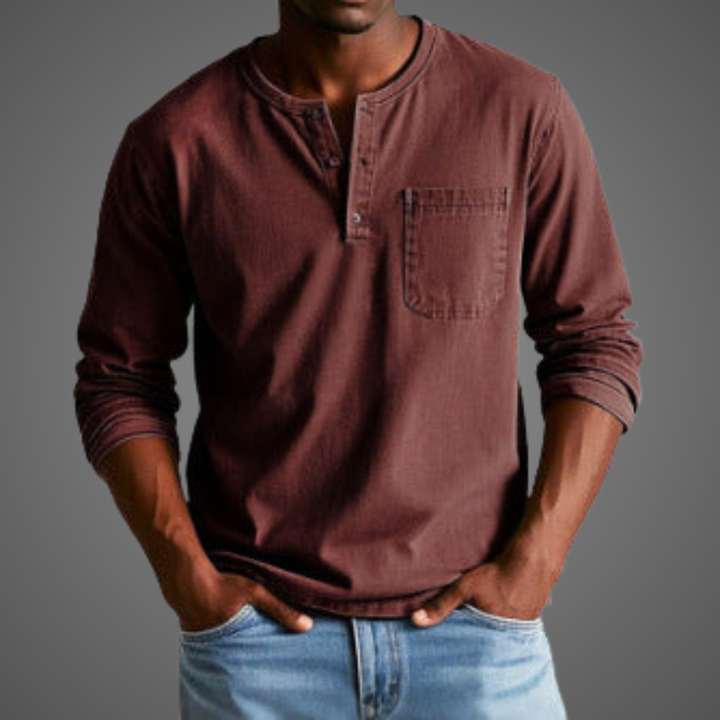 Men's Long Sleeve Cotton Henley Shirt - Relaxed Casual Everyday Top — Maroon