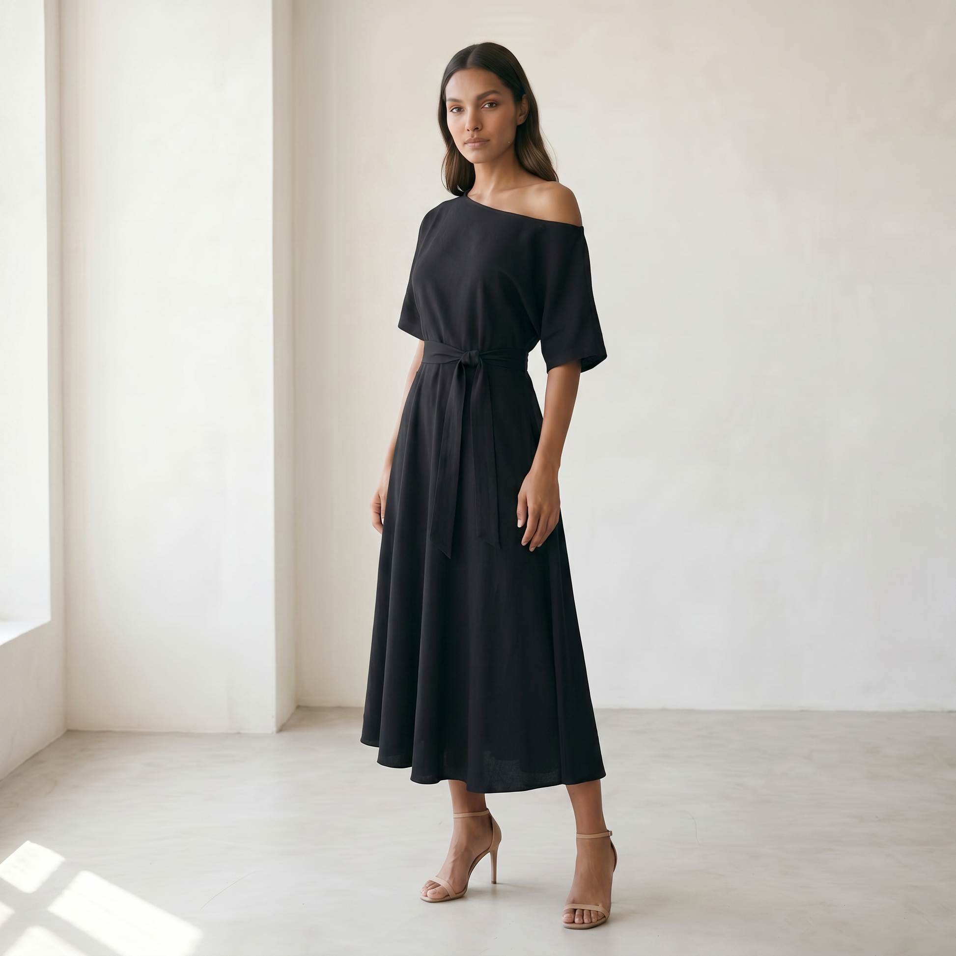 Women’s Midi Dress Off-Shoulder A-line - 10 black model extra side 3quarter