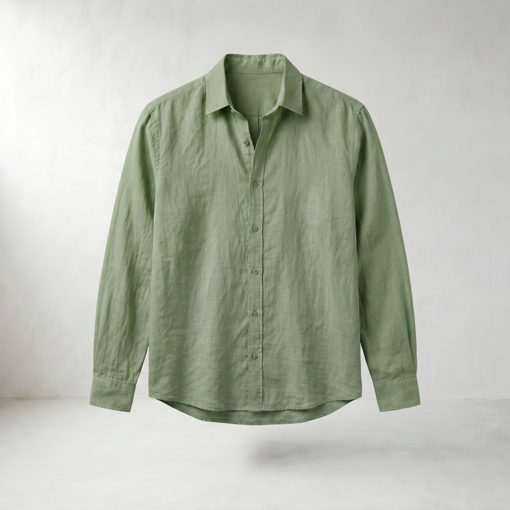 Jonas Light Blue Linen Stand Collar Shirt — Green