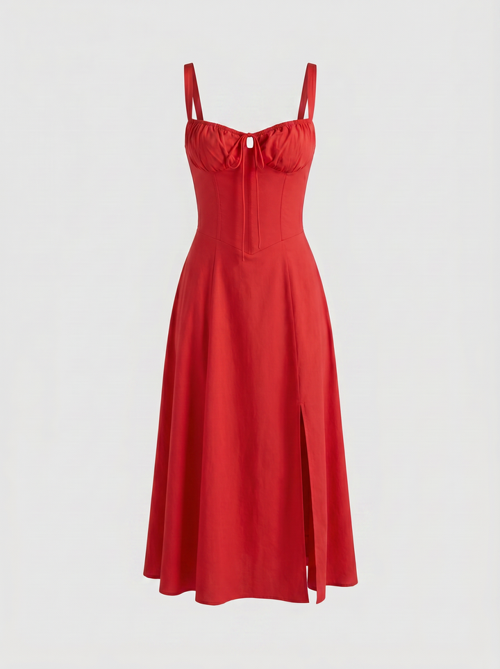 Valentina Floral Corset Slit Midi Dress — Red