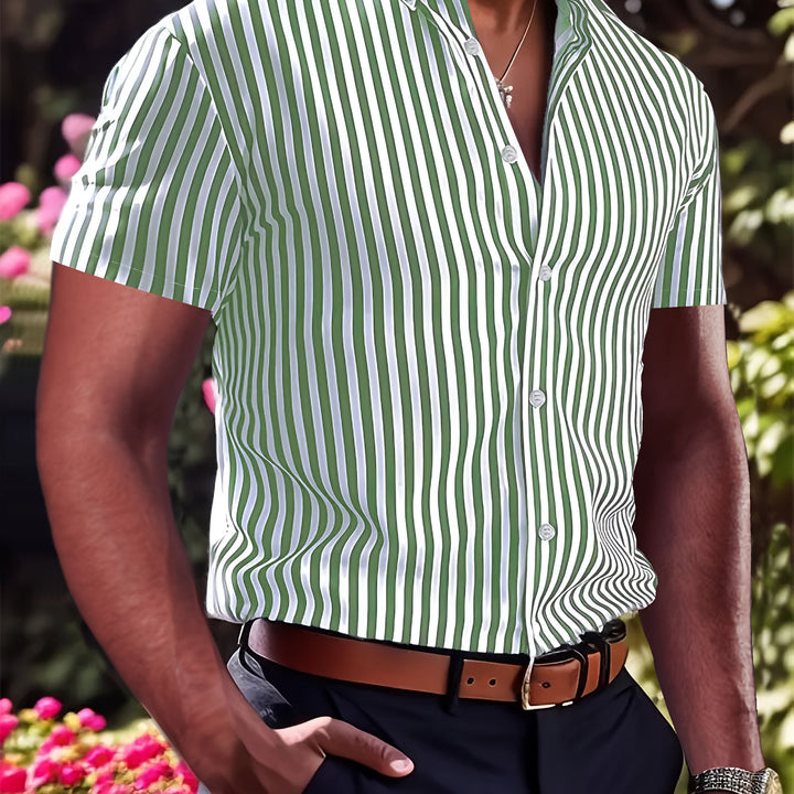 Men's Striped Short Sleeve Shirt - Classic Pattern — Yellow-Green