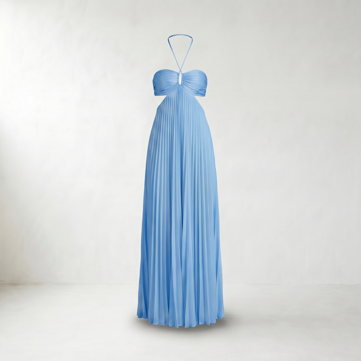 Pia Pleated Halter Maxi Dress — Blue