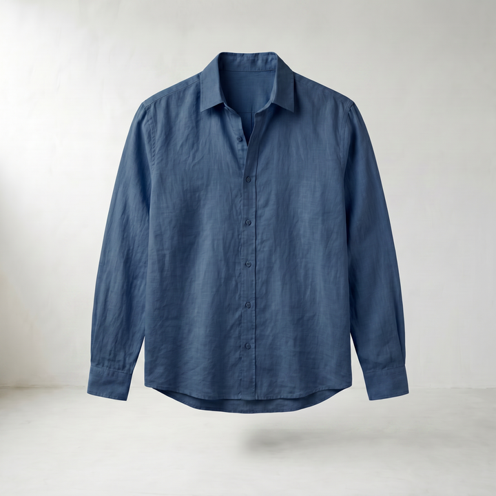 Jonas Light Blue Linen Stand Collar Shirt — Dark blue