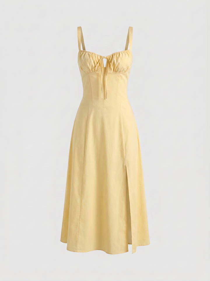 Valentina Floral Corset Slit Midi Dress — Light Yellow