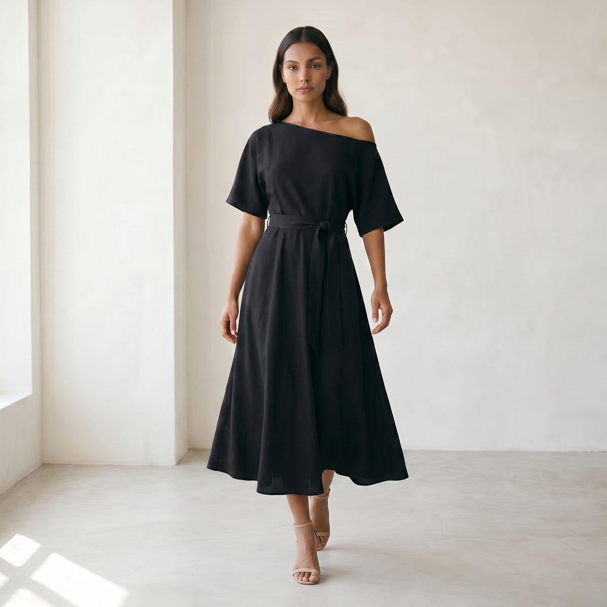 Women’s Midi Dress Off-Shoulder A-line - 12 black model extra walking 2