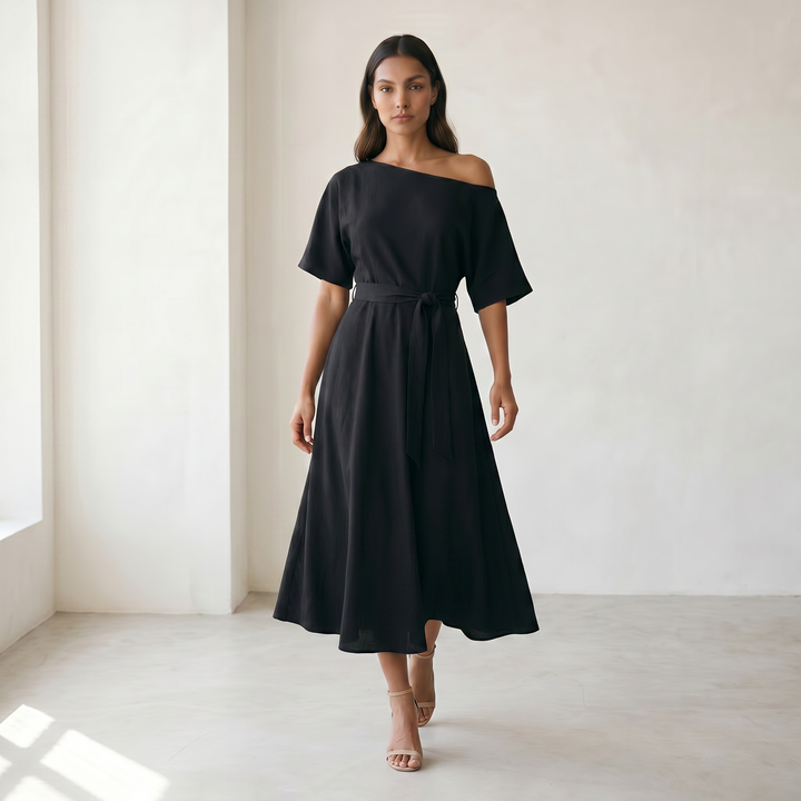 Women’s Midi Dress Off-Shoulder A-line - 12 black model extra walking 2