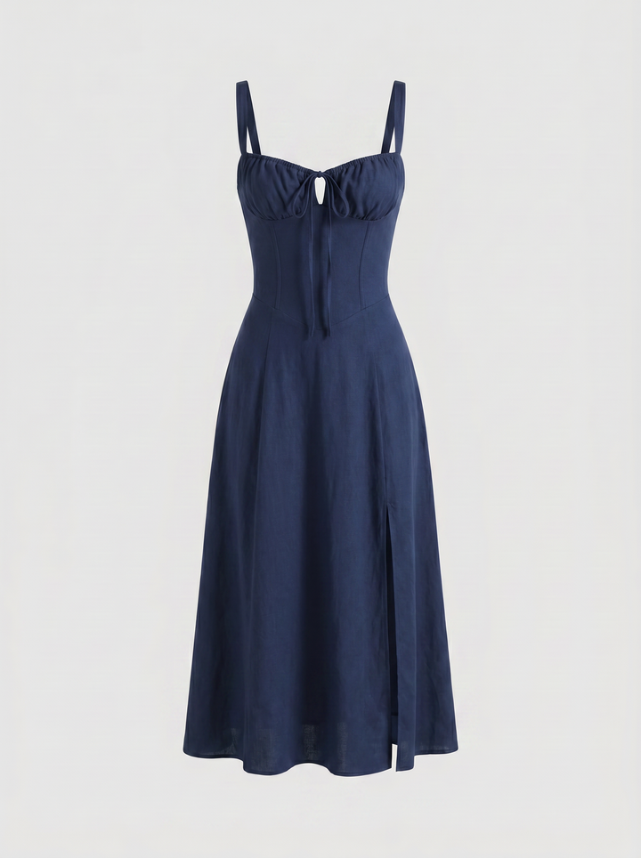 Valentina Floral Corset Slit Midi Dress — Navy
