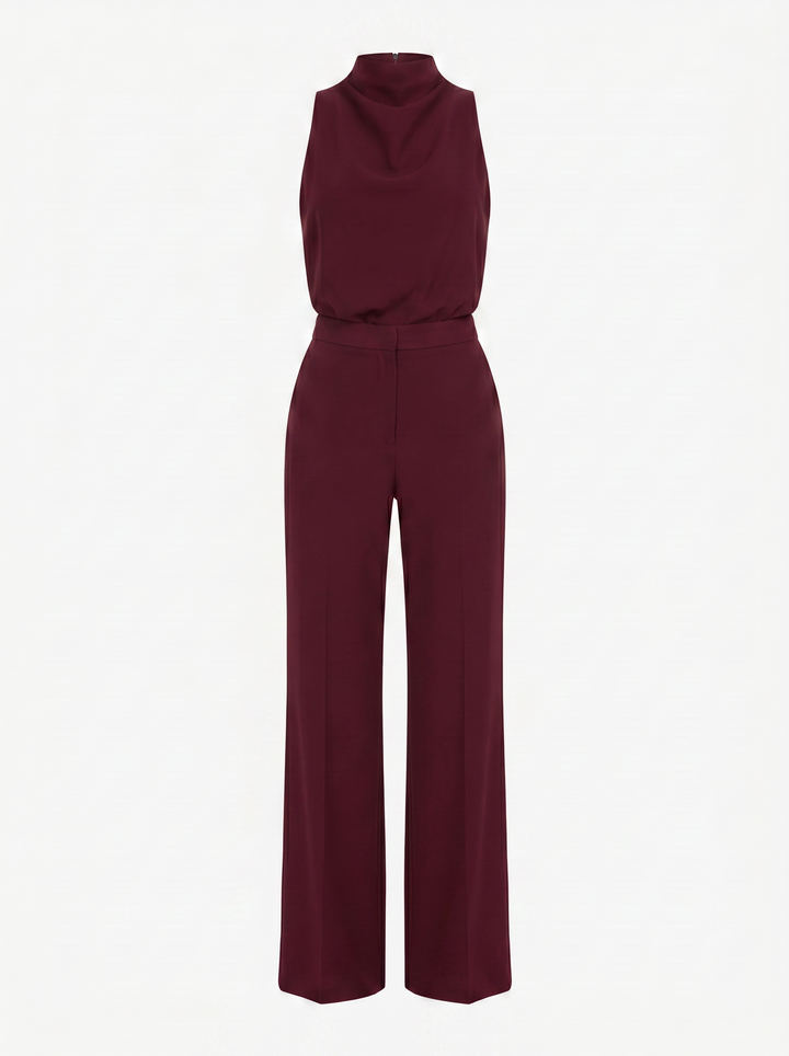 Saphirelle High Neck Wide-Leg Jumpsuit — Wine Red